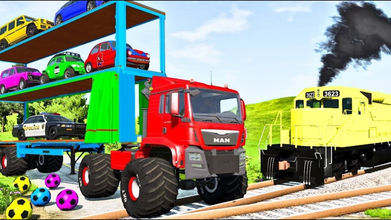 Flatbed Trailer Cars Transportation with Truck Rescue Bus | Cars vs Deep Water | Cars vs Train #0015