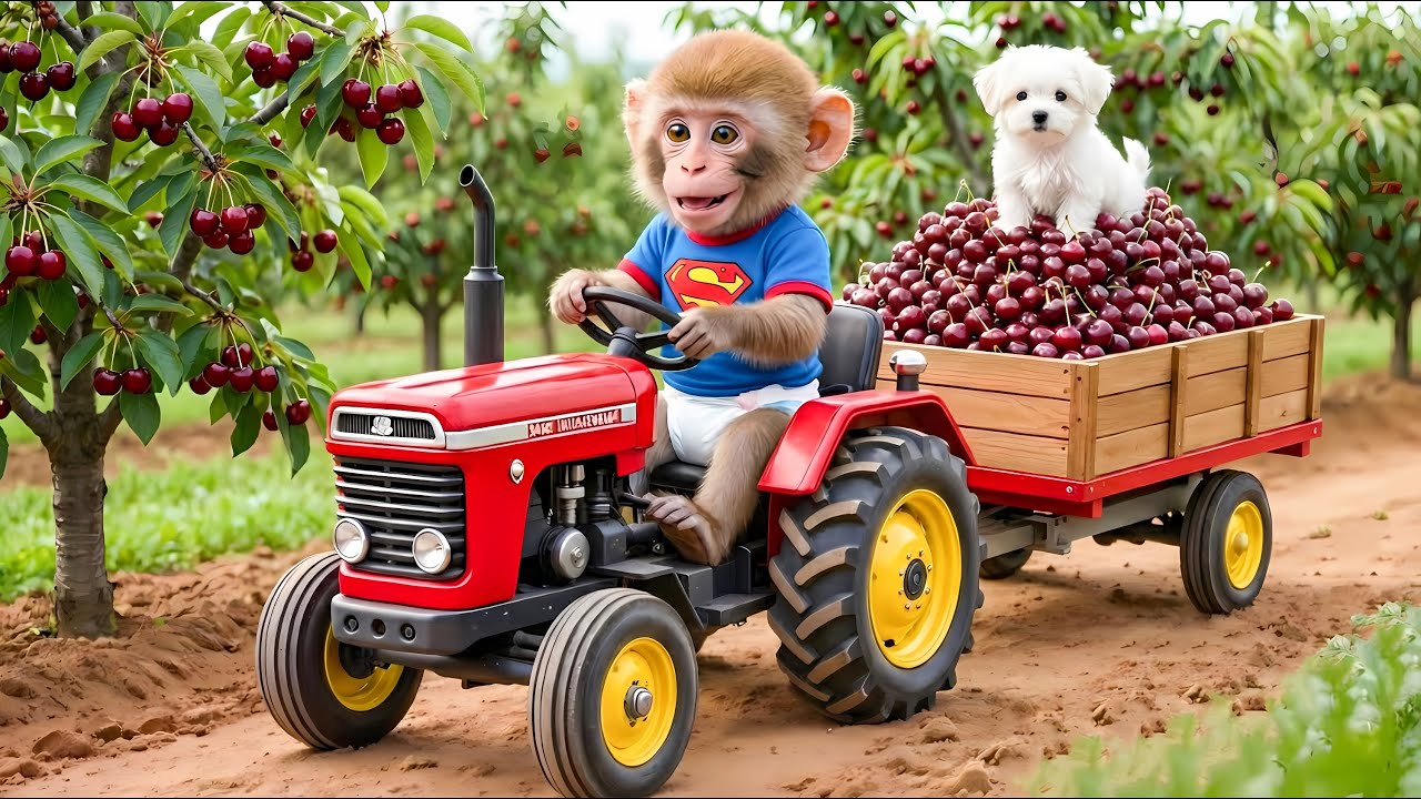 Monkey drives tractor to harvest cherry and saves poor dog - Monkey Farm Work