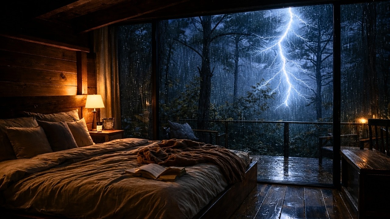 Heavy Rain & Distance Thunder Sleep Night ⛈️ Deep Cozy Bedroom Ambience