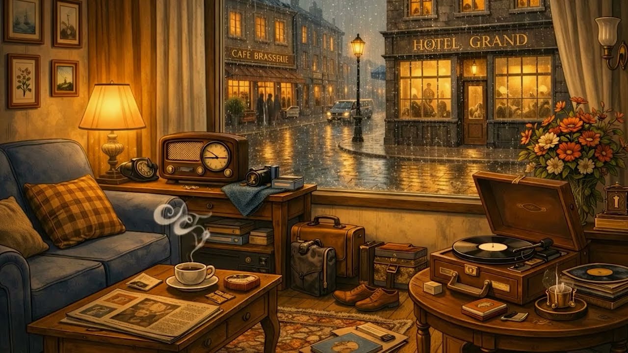 Rainy Evening Jazz ☔ 1940s Vintage Room Ambience with Old Radio & Vinyl Music