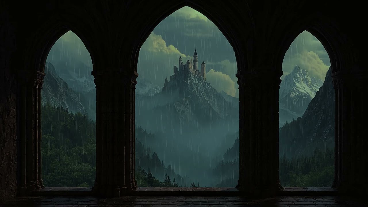 4K Rainy Medieval Castle Window View - Heavy Rain Sounds - Ambience for Focus 🏰🌧️