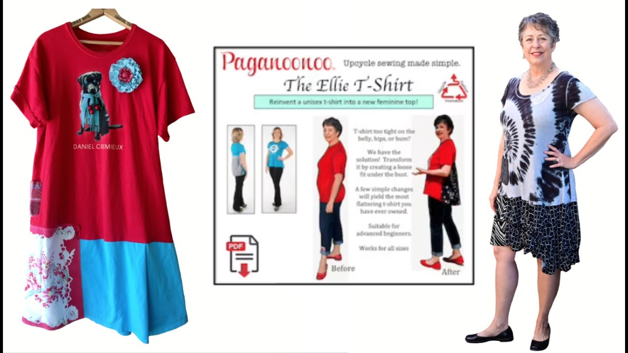 Ellie hack, t-shirt to dress, includes other YouTube video. Paganoonoo Upcycle Sewing Tip: recap