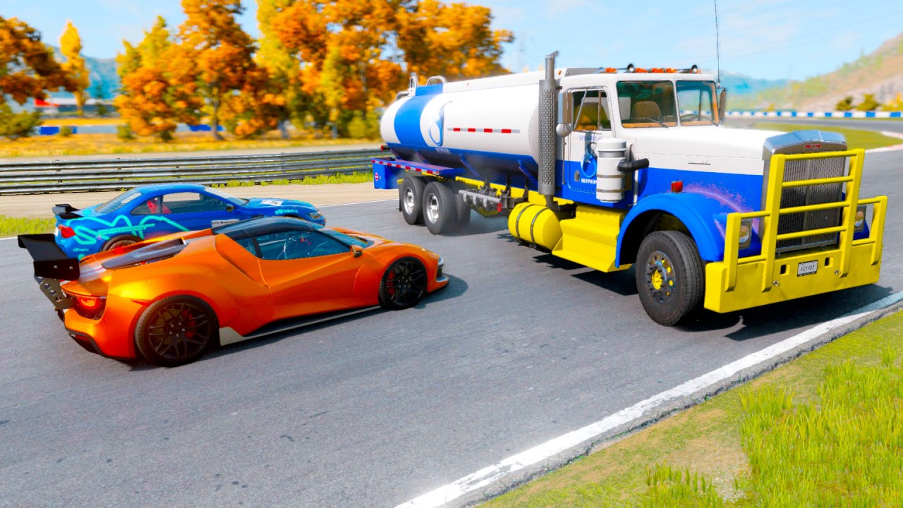 Double Flatbed Trailer Truck vs Speedbumps Train vs Cars | Tractor vs Train Beamng.Drive