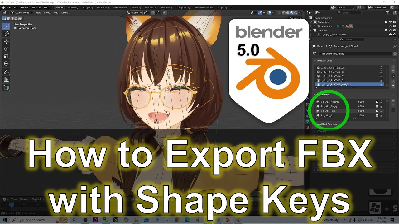 Blender 5.0 | Как экспортировать FBX с ключами форм | Полный урок #Blender5 #FBX #ShapeKeys