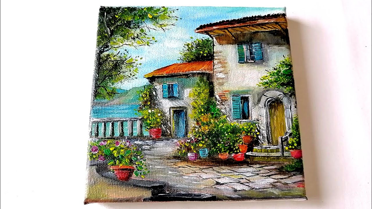 Acrylic Painting / How to draw Mediterranean House by the sea / Landscape Seascape Scenery #art #diy