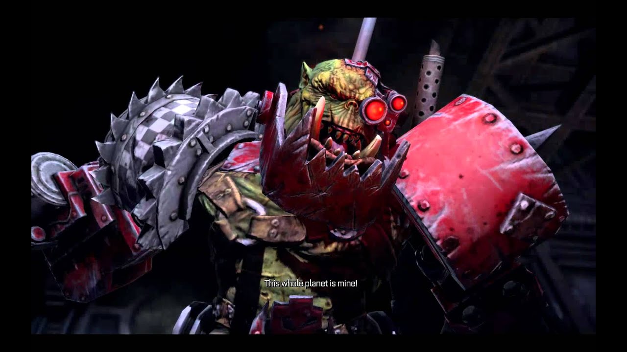 Warhammer 40K Space Marine pc game, battle with giant Ork