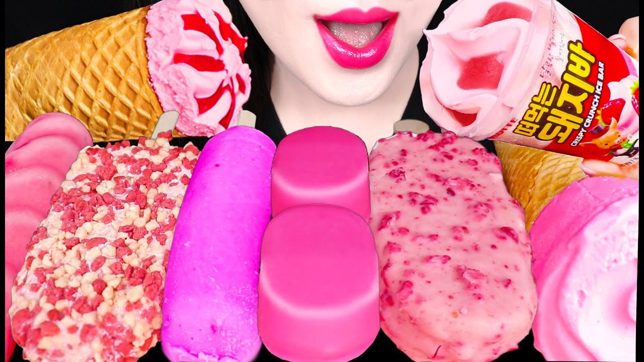 ASMR PINK ICE CREAM PARFAIT MUKBANG 핑크 파르페 먹방 EATING SOUNDS