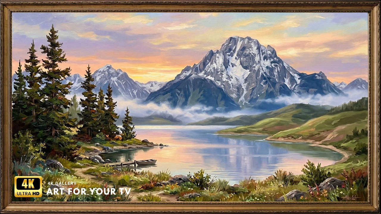 Golden Sunset Over Alpine Lake, Classic Wilderness Oil Painting 4K UHD | Framed Art for TV