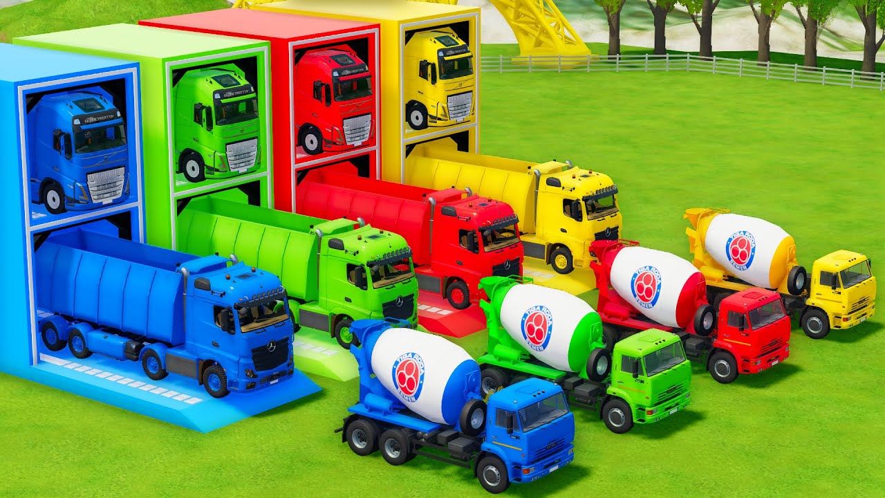 Garage with Colors - ALL MIXER TRUCK WITH DOUBLE FLATBED TRAILER TRUCK, VOLVO, MERCEDES, KAMAZ