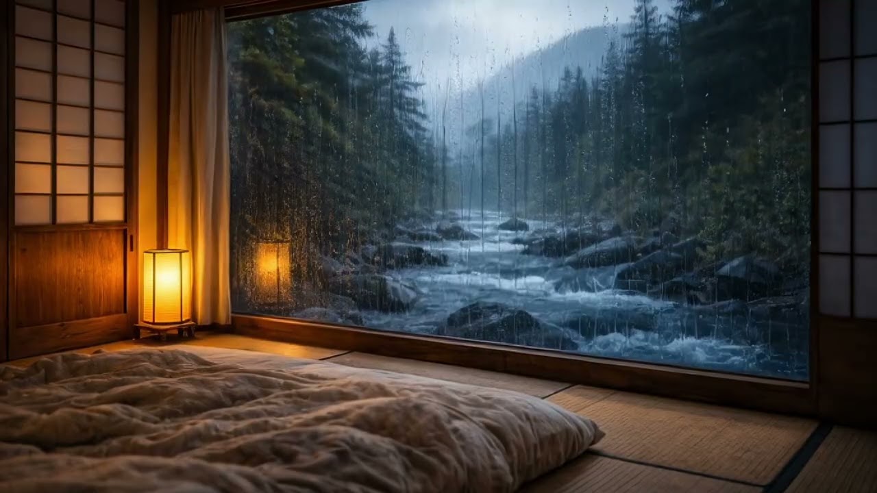 Japanese Tatami Room Rain & River Sounds 🌧️🏯 | Zen Relaxing Ambience for Deep Sleep