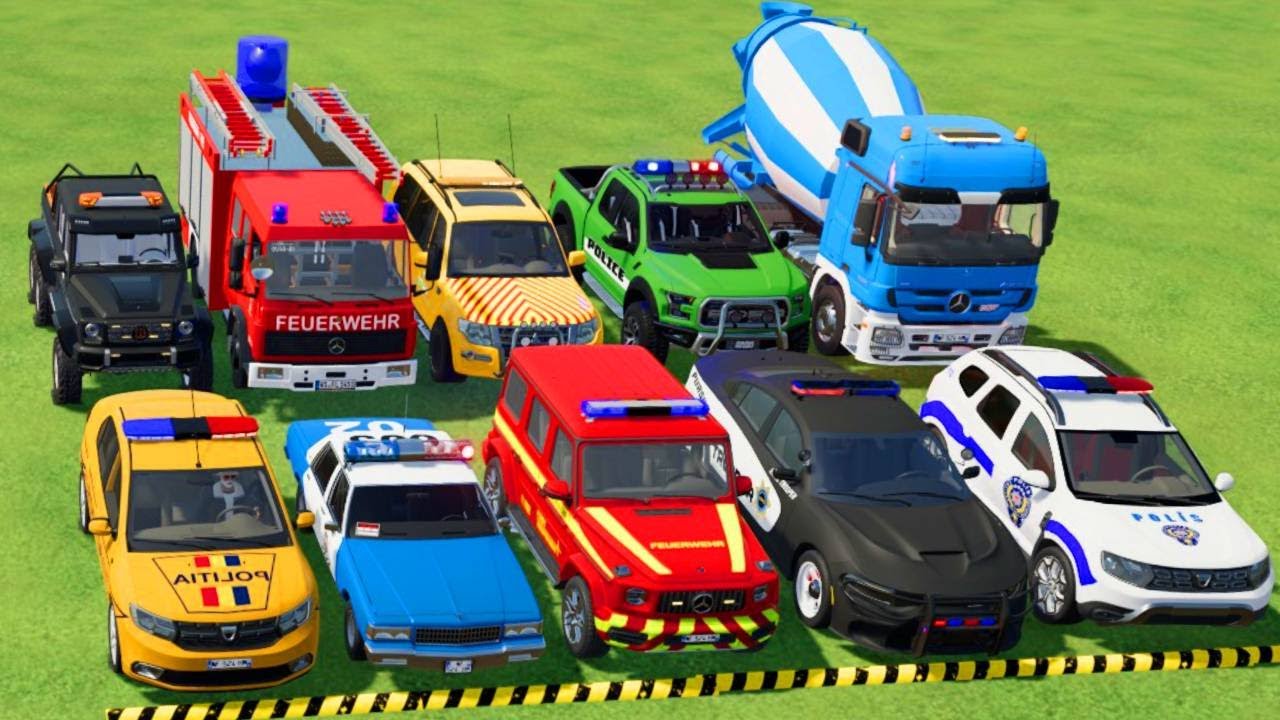 TRANSPORTING POLICE CARS, AMBULANCE, FIRE TRUCK, COLORFUL CARS WITH TRUCK  -FARMING SIMULATOR 22!