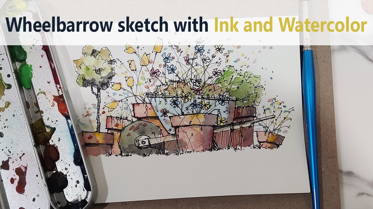 Wheelbarrow sketch with ink and watercolor