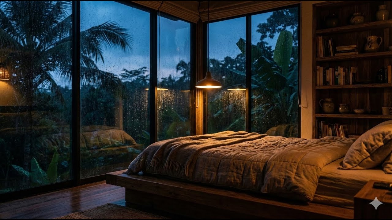 Heavy Tropical Rain on Glass | Cozy Bedroom Ambience for Deep Sleep & Relaxation