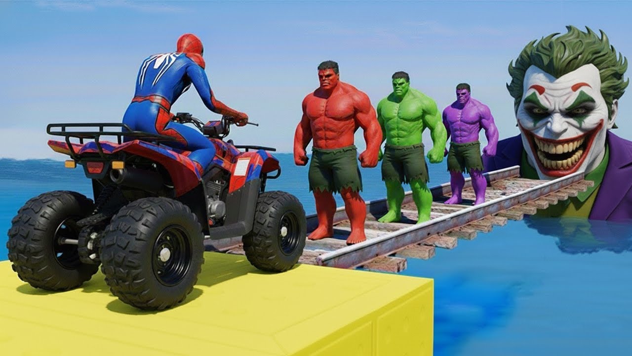 سبايدر مان اصعب دراجة نارية فوق اسماك القرش - Superheroes Ride on Motorcycle Stunt Funny Moments