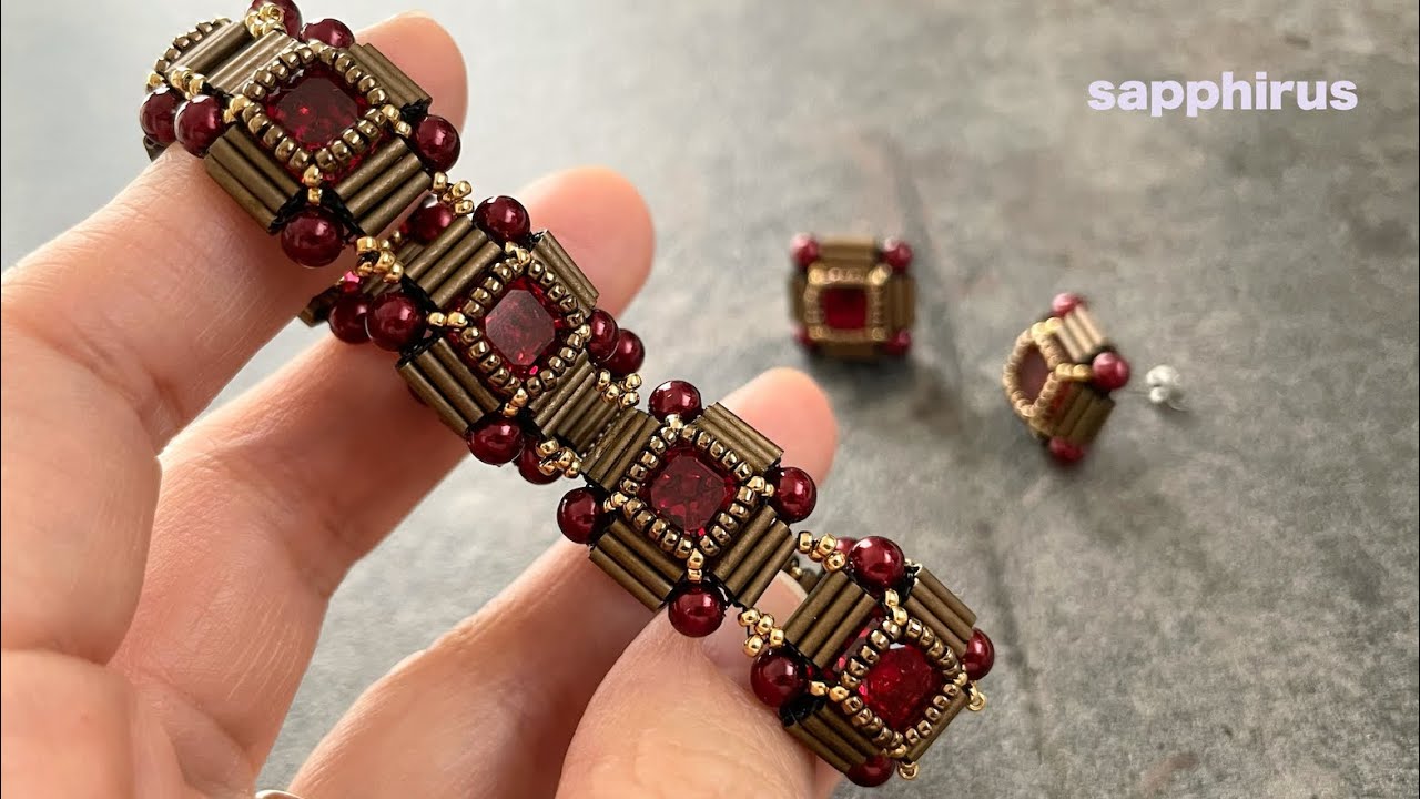 【ビーズステッチ上級】アンティーク風スワロフスキーのフレーミングブレスレット&ピアス☆作り方/DIY/ Swarovski / Beaded Bracelet and Earrings