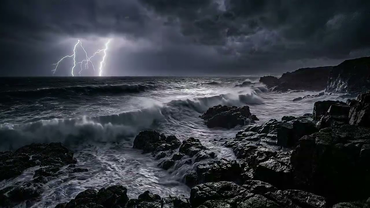 Stormy Ocean at Night 🌩️ Thunder, Lightning & Powerful Waves for Sleep and Relaxation