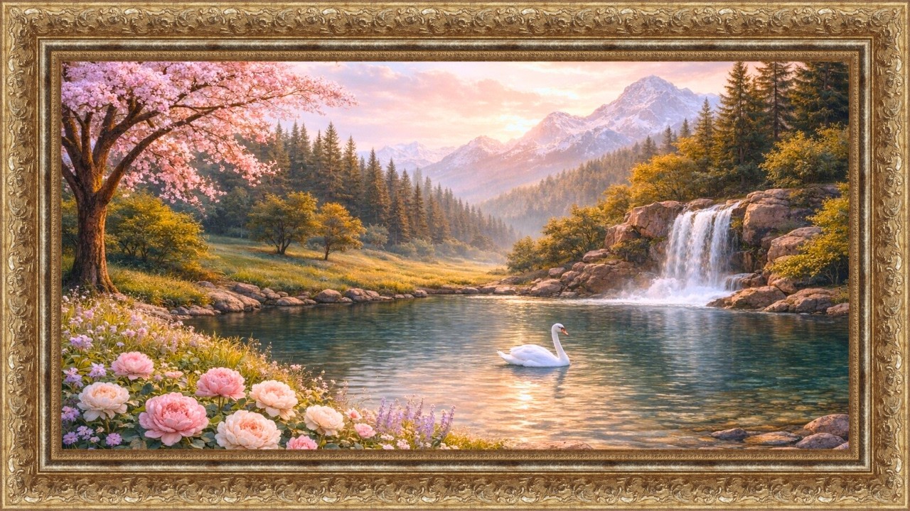 2 Hour Spring Landscape with Waterfall and Swan | Relaxing Nature Art TV