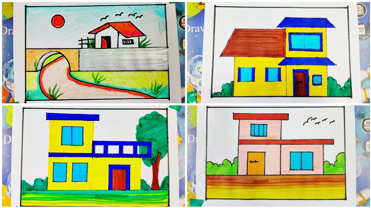 Scenery drawing house drawing house painting natural drawing village house Colour drawing 
