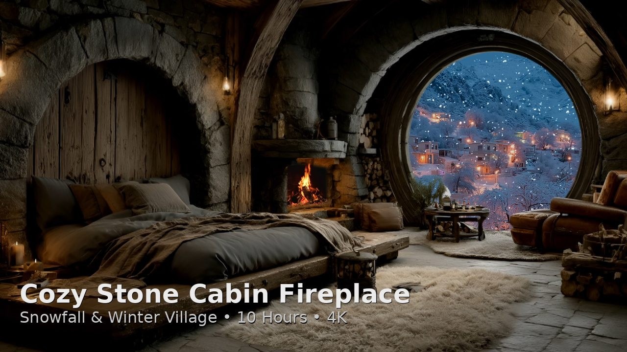 4K Cozy Stone Cabin Fireplace ❄️ Snowfall & Winter Village Ambience (10 Hours)