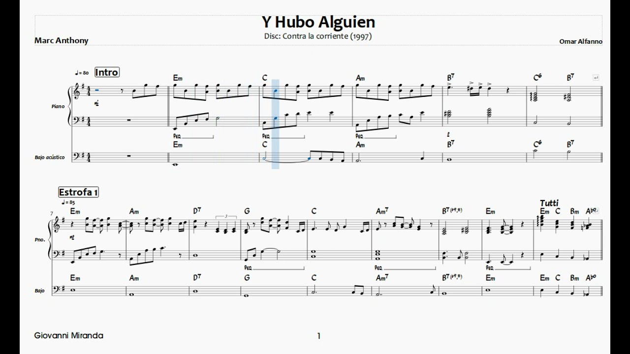 Partitura de Piano: Y Hubo Alguien