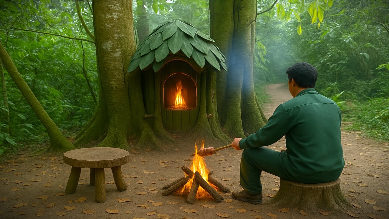 Building complete a shelter between two large trees, overnight, alone bushcraft / King Of satyr