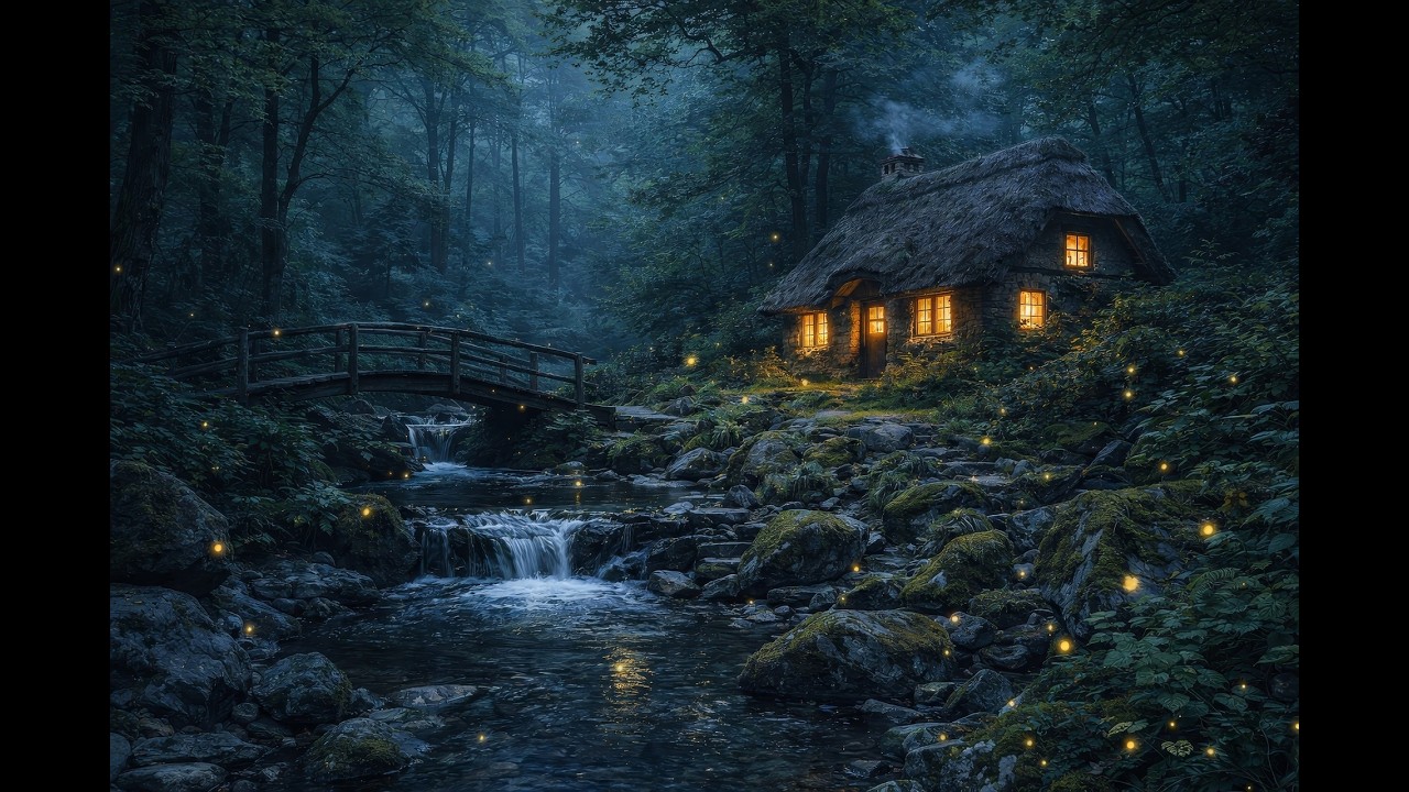 Cozy Forest Cabin Night Ambience 🌙 Stream, Fireflies & Relaxing Nature Sounds