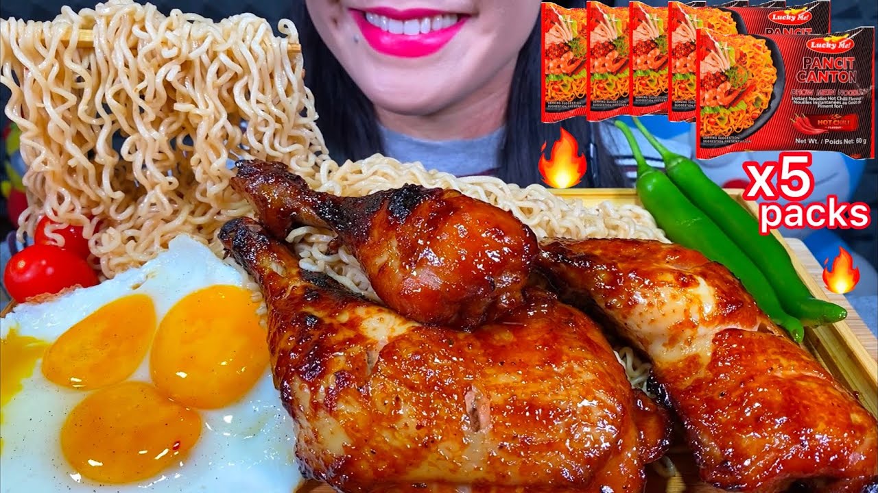 ASMR 5 PACKS PANCIT CANTON HOT CHILI NOODLES, BBQ CHICKEN, EGGS MASSIVE Eating Sounds