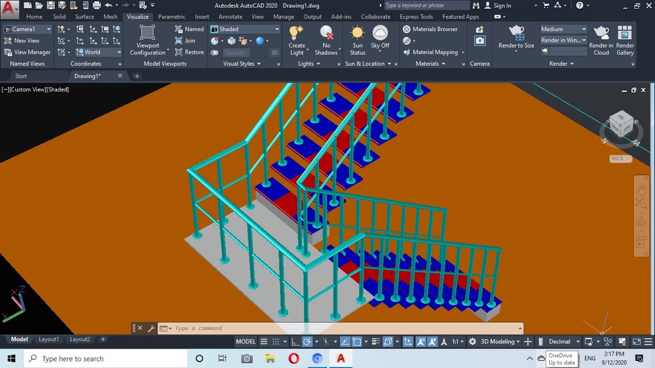 How to draw a U--Shaped Staircase in 3D AutoCAD 2020. Magic AutoCAD.