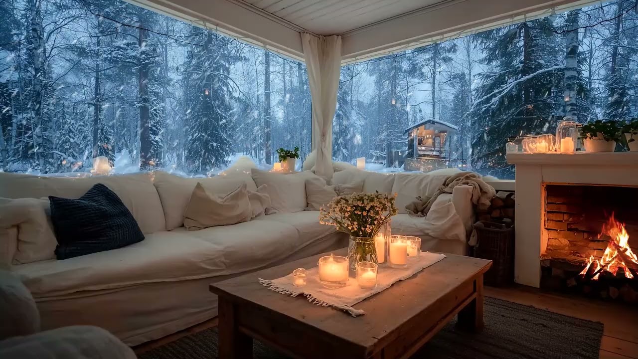 Soft Piano in Snowy White Lounge | Floral Decor & Firelight for Focus & Relax