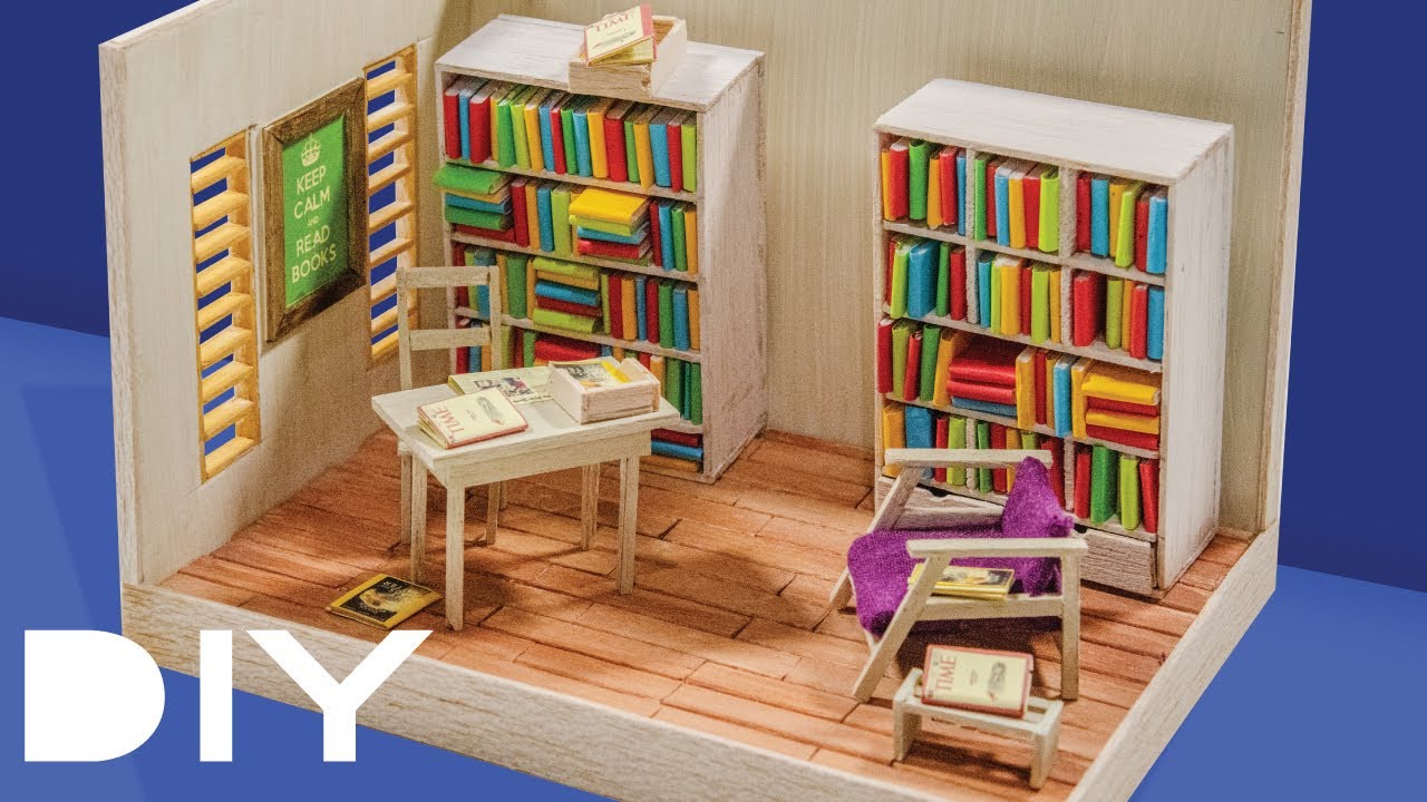DIY Miniature House Library #1 bookshelf, books, sofa, table, chair, picture frame