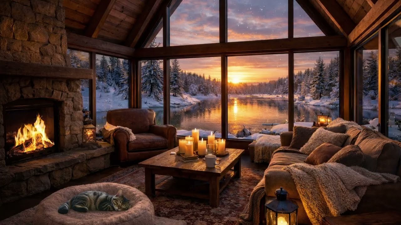Lakeside Sunset Cabin | Warm Fireplace and Snow for Relaxation and Focus