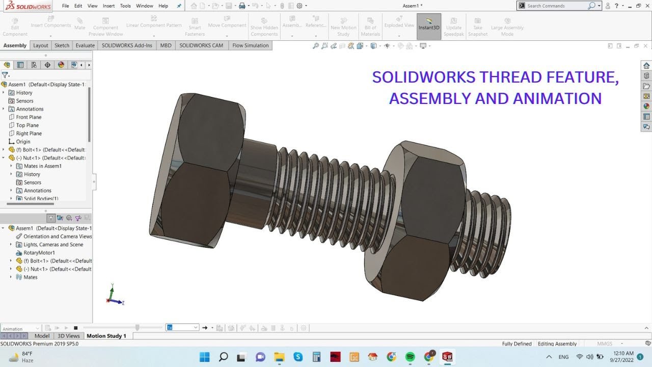 Nut and Bolt Design in SolidWorks | Thread Feature, Assembly and Animation