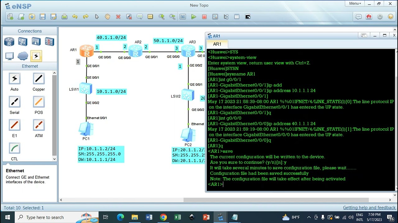 Ping & trace route from both PC to PC and Router to Router using eNSP static routing.