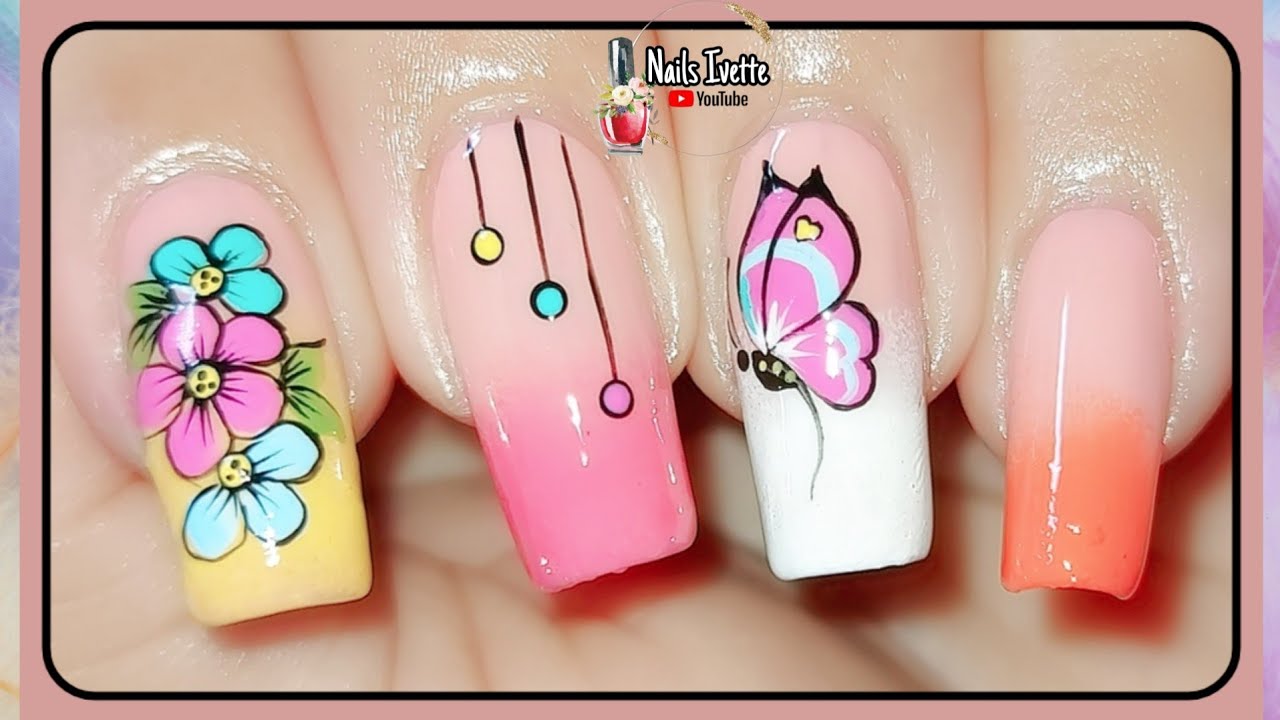Decoración de uñas flores y mariposa/uñas decoradas con flores y mariposas/uñas con difuminado