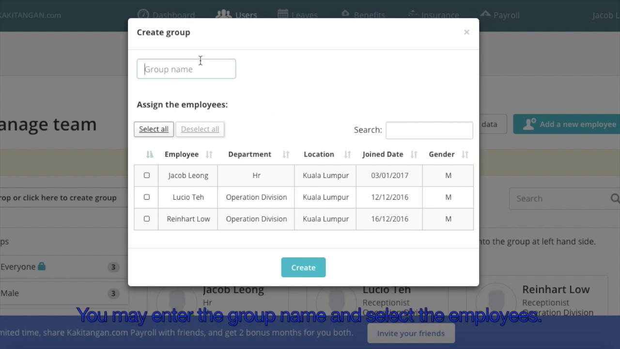 Creating groups in kakitangan.com