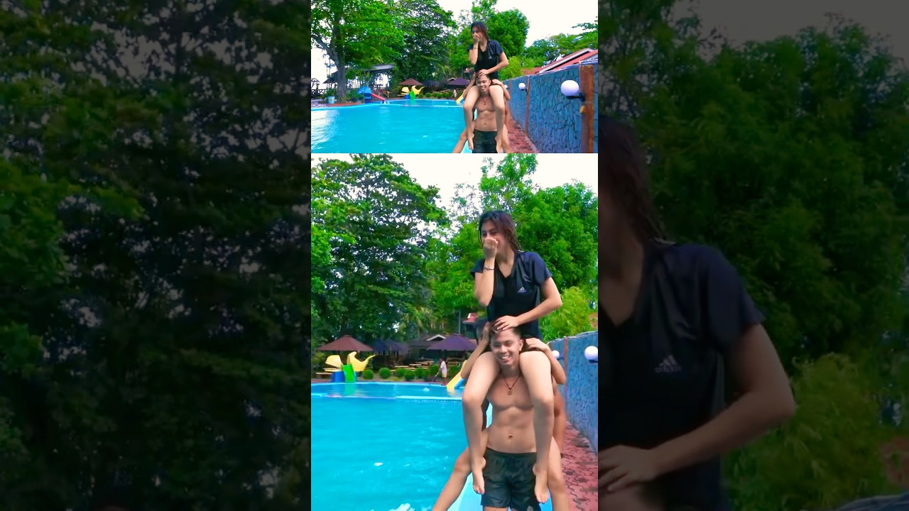 Jumping in the pool with two girls on my back #piggyback #shoulderride #liftcarry