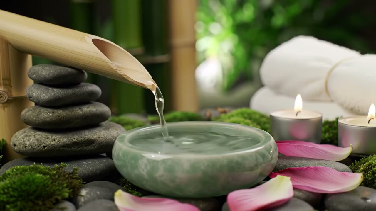 Relaxing Zen River Harmony Bamboo Water Flow and Candle Glow with Shallow Stream for Stress Relief &