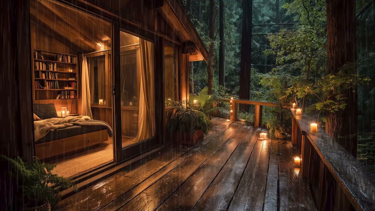 Rain Outside a Cozy Forest Cabin | Warm Bedroom View for Deep Sleep