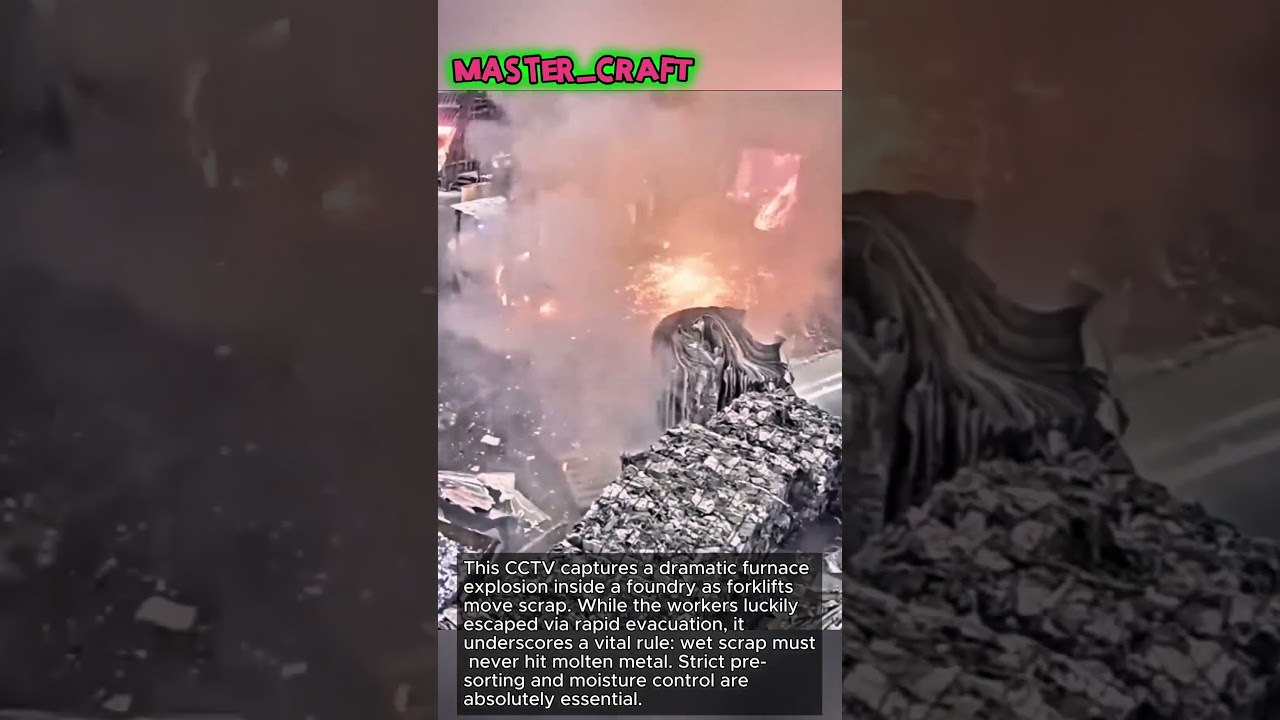 Foundry Furnace Moisture Explosion Caught on CCTV #worker #process #factory #explosion #safety