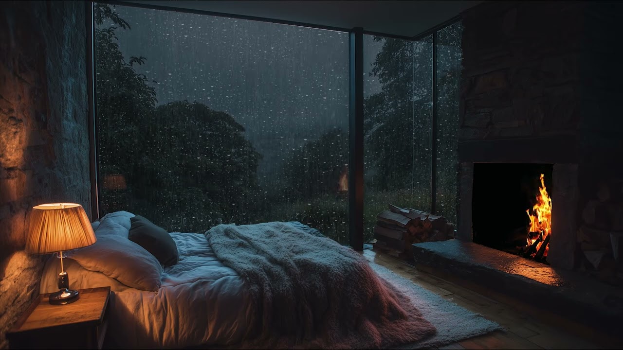 Rain Sounds by the Window with Fireplace in The Forest | Cozy Bedroom Ambience for Deep Sleep