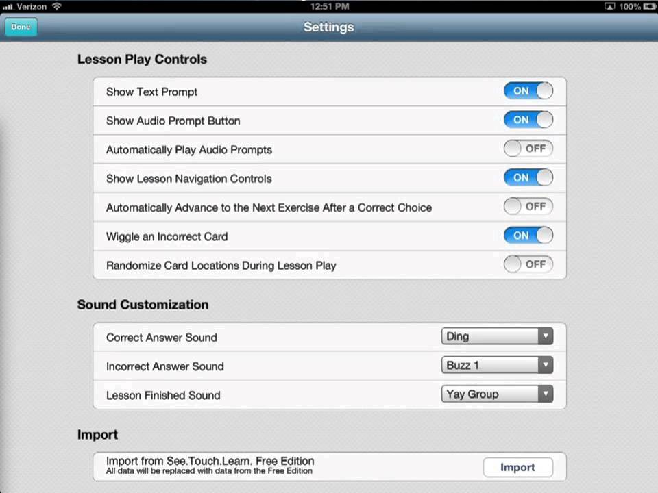 Settings in See.Touch.Learn.&reg; v2.0