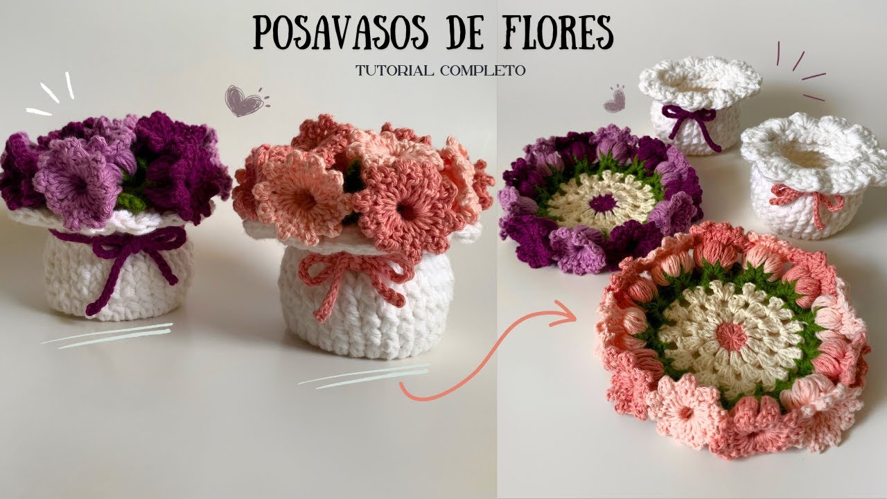 REGALO PERFECTO PARA MAMÁ 💗~ POSAVASOS Y MINI FLORERO CROCHET 🌸- TUTORIAL FÁCIL Y BONITO