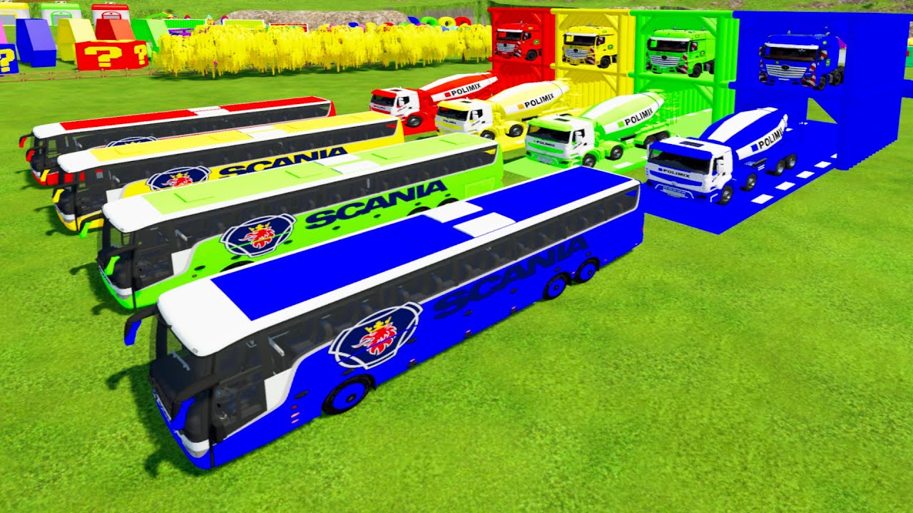 CAŁY KOLOROWY AUTOBUS SCANIA, BETONIARKA POLIMIX TRANSPORTUJĄCA CIĘŻAR&Oacute;WKĘ Z PLATFORMĄ MERCEDES