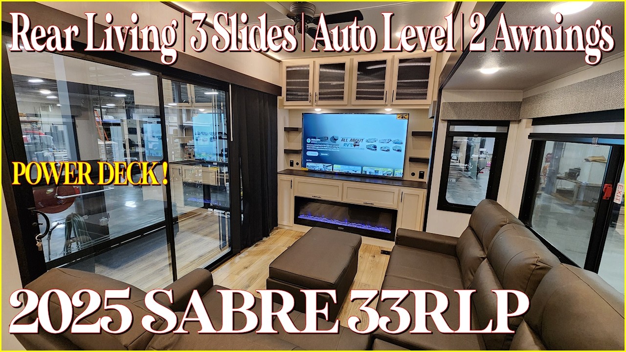 A Power Deck! 2025 Sabre 33RLP Rear Living Fifth Wheel with a Sundeck at Couchs RV Nation