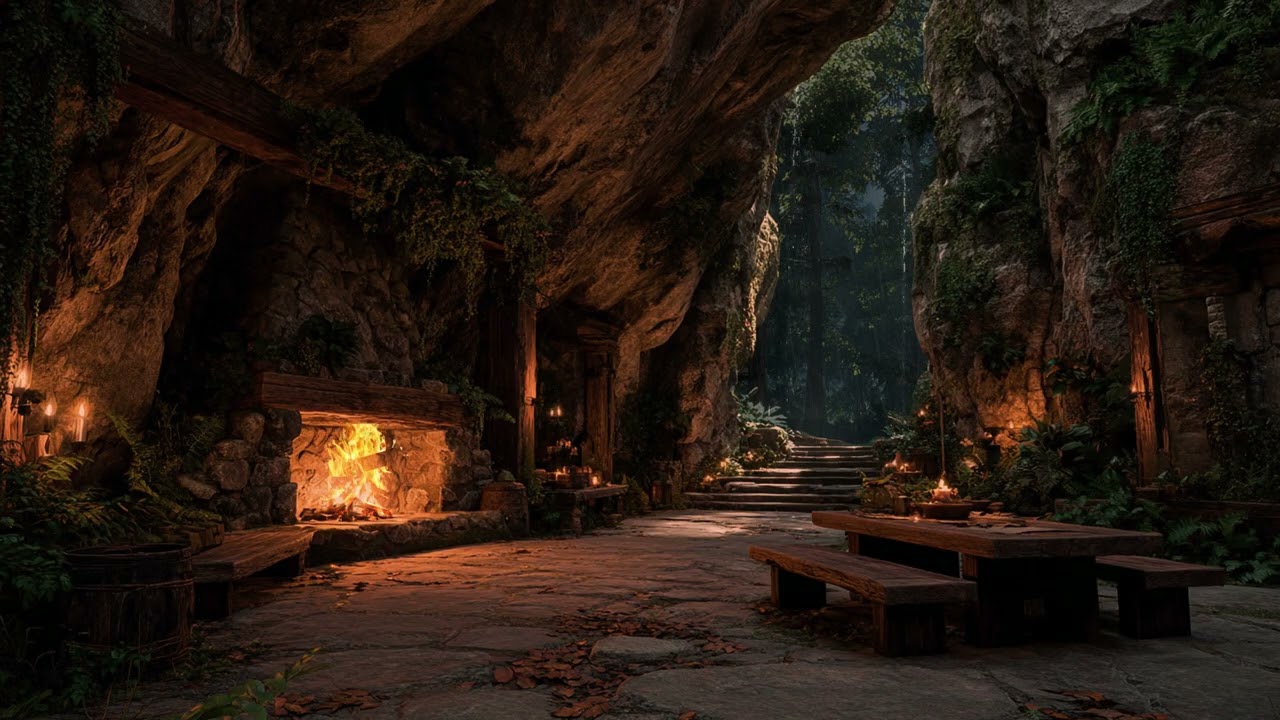 Relentless Night Rain Inside a Deep Forest Cave | Heavy Rainfall, Thunder & Firelight Glow