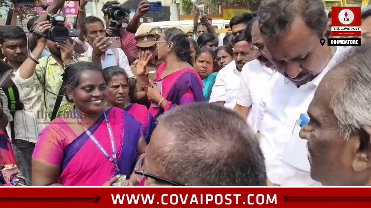 SP Velumani consoles protesting anganwadi workers