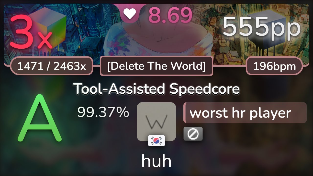 8.7⭐ worst hr player | Kobaryo - Tool-Assisted Speedcore [Delete The World] 99.37% | 555pp 3❌ - osu!