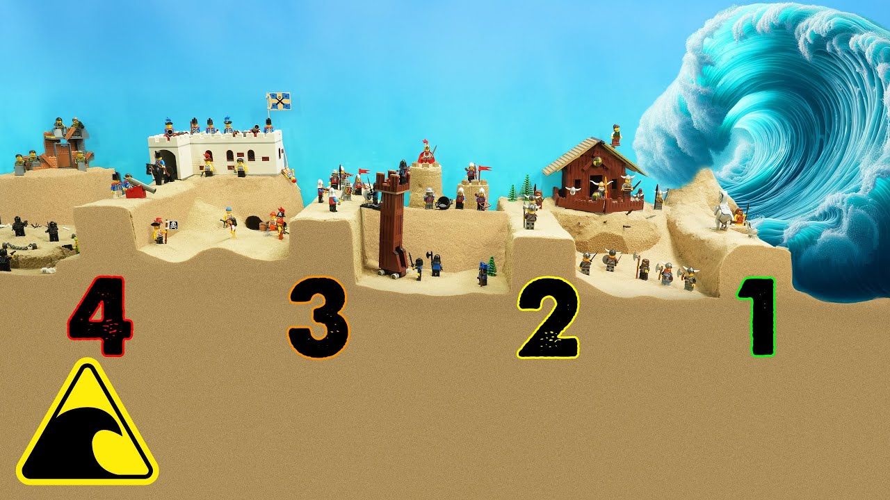 4 Dams Breached - Tsunami Experiment - LEGO Forts VS Wave Machine