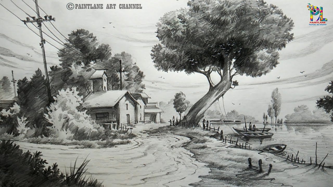 How to draw a Landscape Drawing and Shading For Beginners | Step by Step