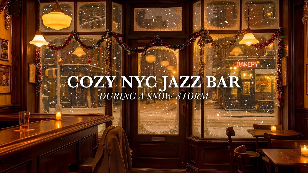 Cozy NYC Jazz Bar at Night During Snow Storm | 8 Hours